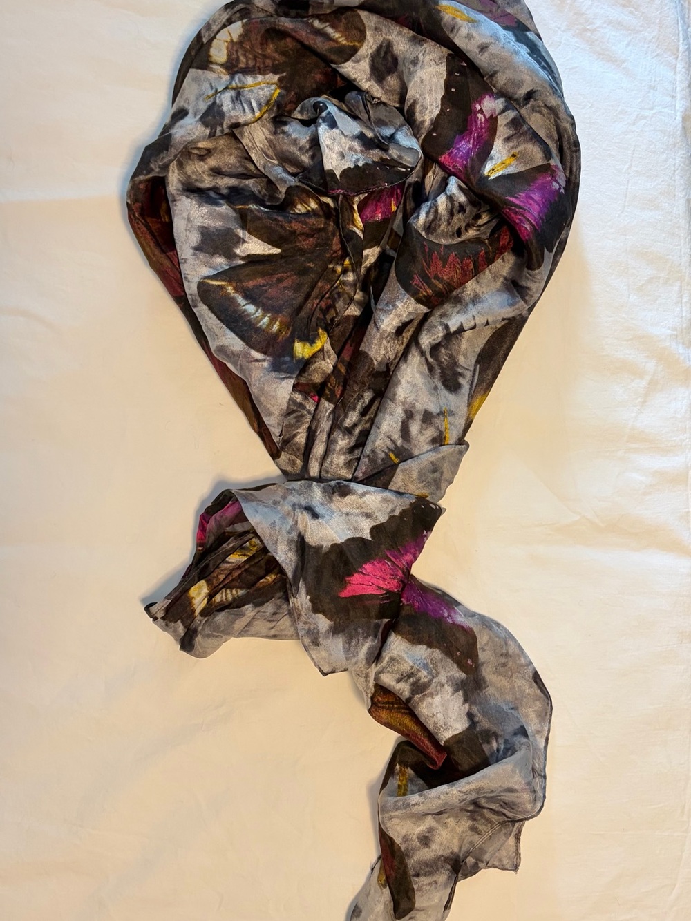 Silk Butterfly Print Scarf in Gray, Yellow and pinks. XL